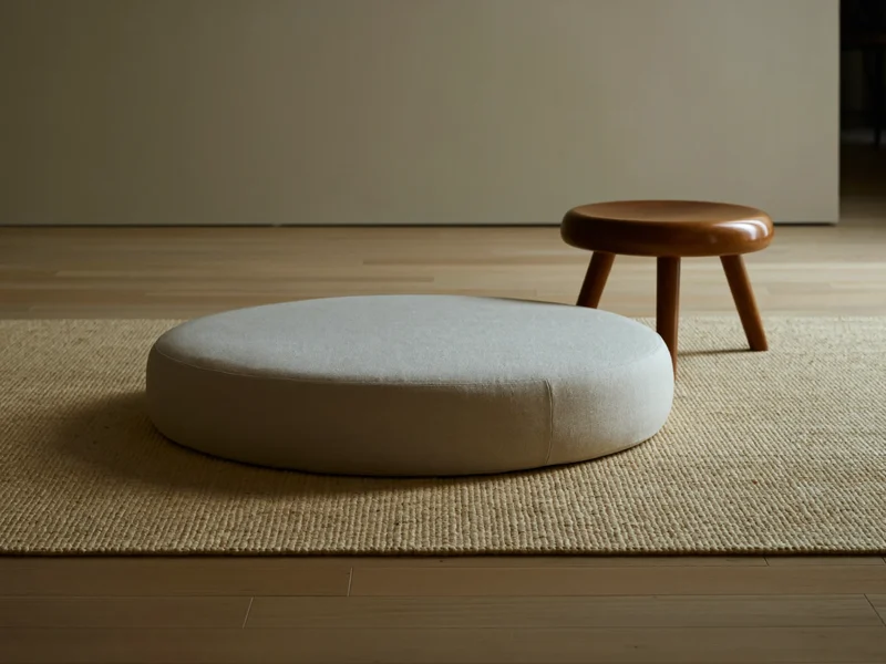 Cuscino da meditazione tondo in lino naturale su tappeto intrecciato, accanto a uno sgabello