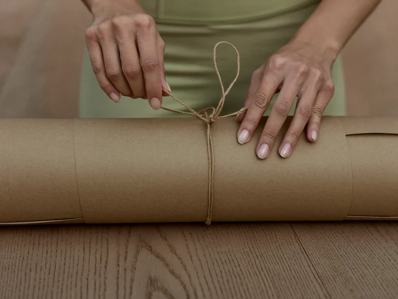 Mani che avvolgono un tappetino in carta kraft con spago naturale, senza scritte
