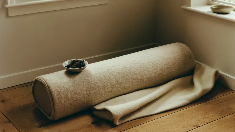 Angolo soleggiato con bolster, coperta di lana e ciotola in ceramica con erbe secche